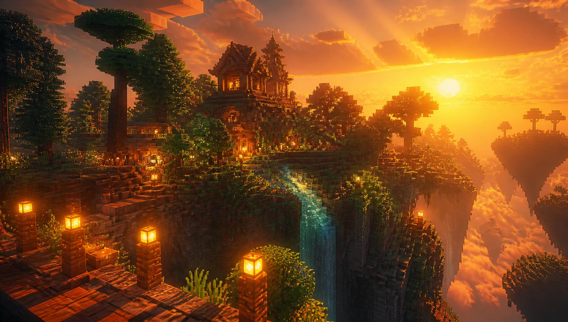 MangoMC voxel world at sunset